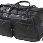 A black duffel bag with two front pockets, sturdy handles, and multiple zippers, shown against a white background.