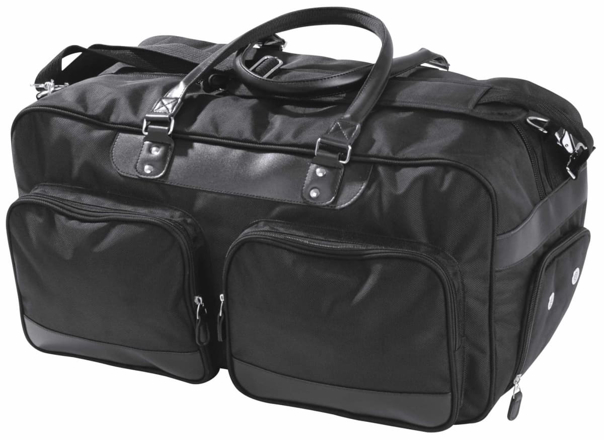 A black duffel bag with two front pockets, sturdy handles, and multiple zippers, shown against a white background.