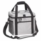 A gray and black insulated lunch bag with a shoulder strap, front zip pocket, and mesh side pockets. The bag has a double zipper on top and an elastic cord for extra storage.