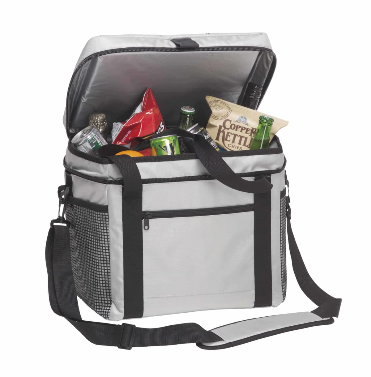 A gray and black insulated cooler bag with an open lid, filled with snacks, soda cans, a bottle, and a bag of chips. It has a shoulder strap and a front zippered pocket.