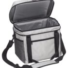 A gray insulated cooler bag with black straps and a zippered front pocket. The lid is open, revealing its spacious interior. The cooler has a detachable shoulder strap and mesh side pockets for extra storage.