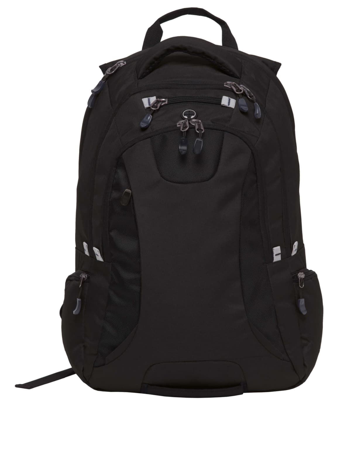 A black backpack with multiple compartments and pockets, zipper closures, and a top handle. The design is sleek and functional, suitable for travel or daily use.