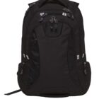 A black backpack with multiple zippers and compartments, featuring adjustable straps and a top handle, is shown against a white background.