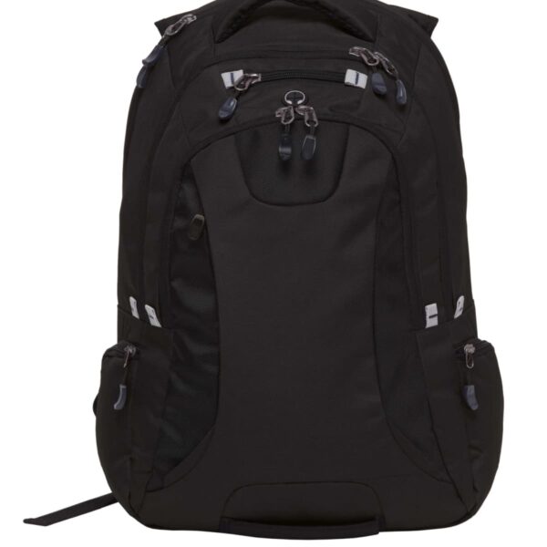 A black backpack with multiple zippers and compartments, featuring adjustable straps and a top handle, is shown against a white background.