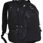 A black backpack with multiple zippered compartments and pockets, featuring padded shoulder straps and a top handle. The design is minimalist, suitable for everyday use or travel.