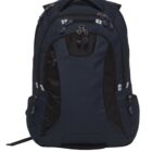 A dark backpack with multiple zippered compartments and side pockets. It has a handle on top and adjustable shoulder straps. The design is sleek and functional, suitable for school or travel use.