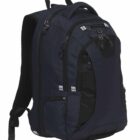 A large black backpack with multiple zippered compartments and padded shoulder straps, designed for practical use and comfort.