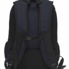 A black backpack is shown from the back, featuring padded shoulder straps, a chest strap, and mesh padding for comfort. The design is simple and functional.