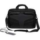 A black laptop bag with a sleek design and a front panel detail. It has a detachable shoulder strap, two handles, and a phone connected to it via a charging cable.