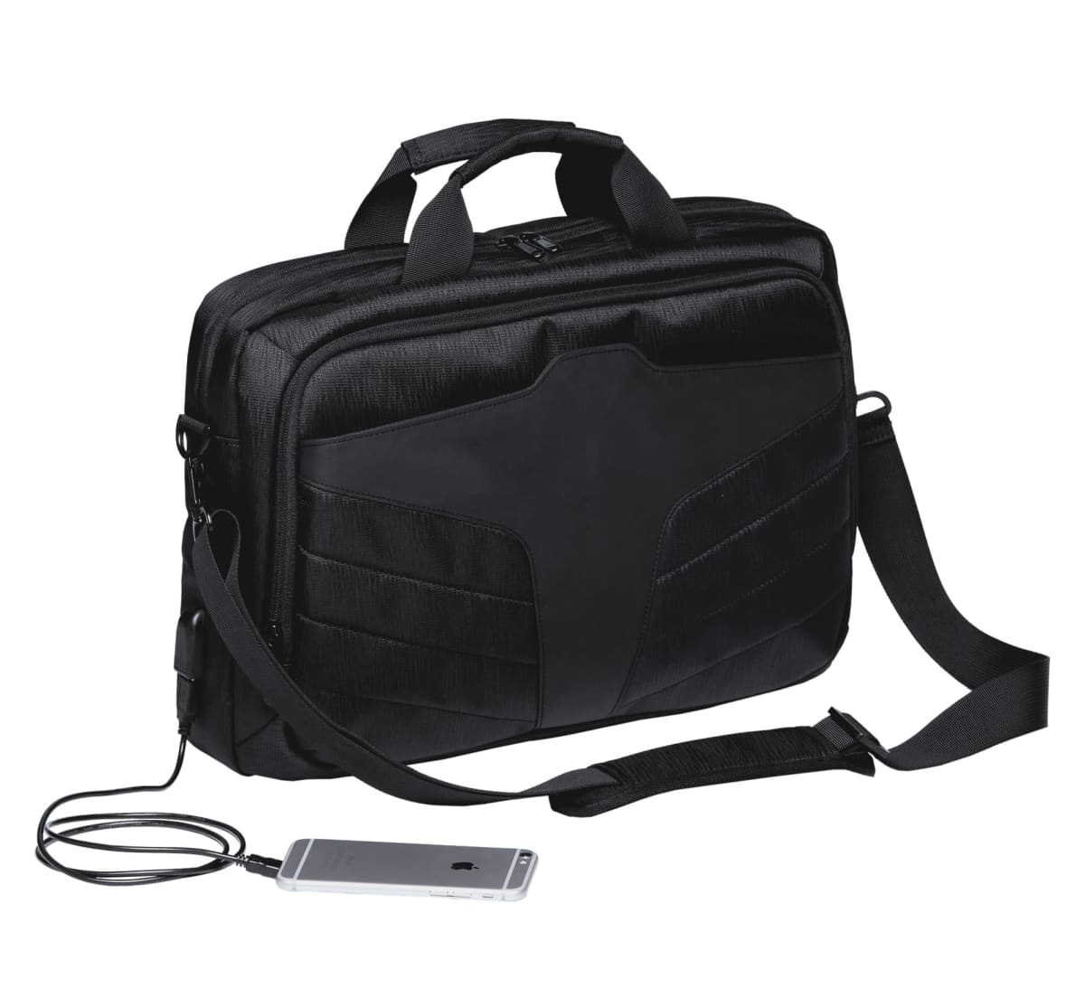 A black laptop bag with a padded design and multiple compartments. It features a shoulder strap and two top handles. An external power bank is connected to a smartphone via a charging cable, indicating built-in charging capabilities.