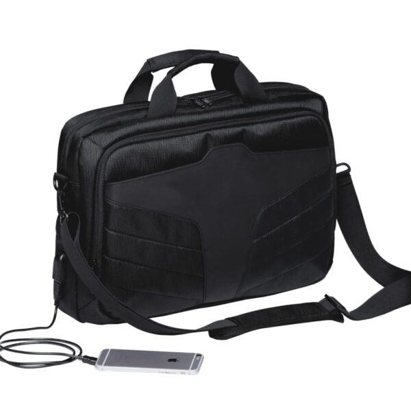 A black laptop bag with a shoulder strap and top handles. It has a sleek, modern design with a subtle geometric pattern. A smartphone is connected to the bag via a charging cable, indicating a built-in charging feature.