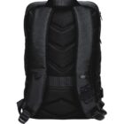 Back view of a black backpack featuring padded shoulder straps and a padded back panel. The bag has a geometric pattern on the back and adjustable straps with a buckle.