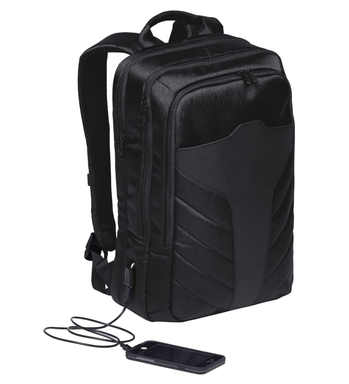 A sleek black backpack with a modern design, featuring padded straps and multiple compartments. A smartphone is connected to a visible charging cable, indicating the bags built-in charging capability.