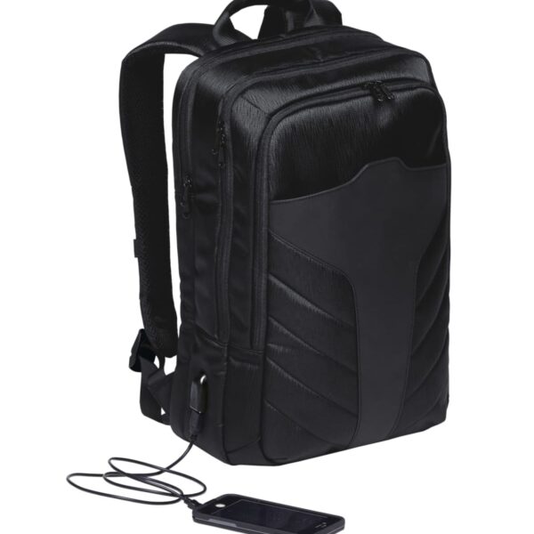 A sleek black backpack with a modern design, featuring multiple compartments. It has a tech-friendly feature, displaying a smartphone connected via a charging cable. The backpacks material appears durable and stylish.