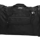 A black duffel bag with multiple zippered compartments. The bag has two main handles on top and features a zippered front pocket. The material appears sturdy and is designed for carrying sports or travel gear.