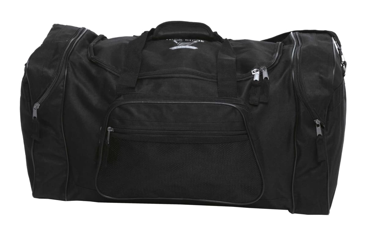 A black duffel bag with multiple zippered compartments. The bag has two main handles on top and features a zippered front pocket. The material appears sturdy and is designed for carrying sports or travel gear.
