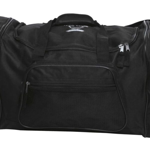 A large black duffel bag with multiple zippered compartments and a handle on top.