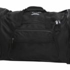 A large black duffel bag with multiple zippered compartments and a carrying handle on top. The bag appears sturdy and spacious, ideal for travel or sports equipment.