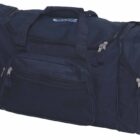 A large, dark blue duffel bag with several zippered compartments, carry handles, and an adjustable shoulder strap.