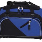 A blue and black duffel bag with multiple zippered compartments and straps. The design features a large central pocket and smaller side pockets, equipped with silver zippers and black handles.