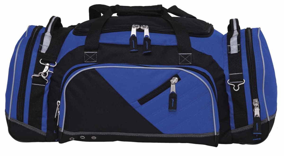A blue and black duffel bag with multiple zippered compartments and straps. The design features a large central pocket and smaller side pockets, equipped with silver zippers and black handles.