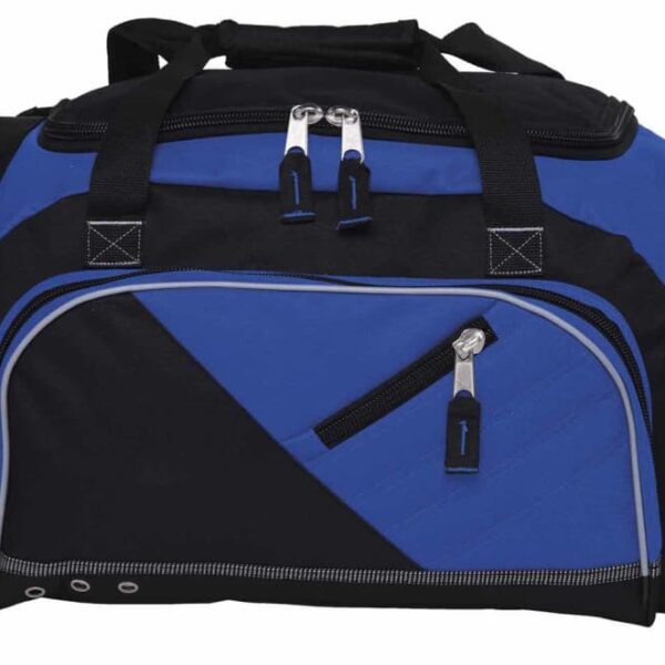 A blue and black duffel bag with multiple zippered compartments, silver zipper pulls, and adjustable shoulder straps. The bag features a diagonal design on the front pocket.