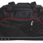 A black and red duffle bag with multiple zippered compartments and adjustable shoulder straps. The bag has a central large pocket and smaller side pockets, suitable for travel or gym use.