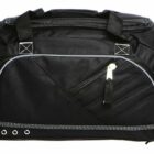 A black duffel bag with multiple zippered compartments and handles. It has silver zippers and hardware. The bag is symmetrical with large side pockets and a central front pocket.
