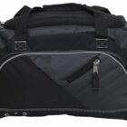 A large black and gray duffel bag featuring multiple zippered compartments and adjustable shoulder straps. The central pocket has a stylish diagonal design and prominent zippers on the side pockets.