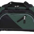 A black and dark green duffel bag with multiple zippered compartments and adjustable straps. The main section has double zippers, and there is a side pocket on each end. Contrasting panels add to the design.