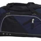 A black and navy blue duffel bag with multiple zippered compartments and adjustable straps.