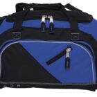 A black and blue duffel bag with multiple zippered compartments and silver hardware, including two zippers on the main top section and additional pockets on the sides. The bag has handles and an adjustable shoulder strap.