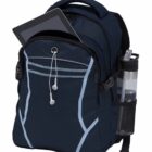 A black and blue backpack with light blue accents, featuring multiple compartments. An electronic tablet is partially visible in the front pocket, and a water bottle is in the side mesh holder. White earphones hang from one of the zippers.