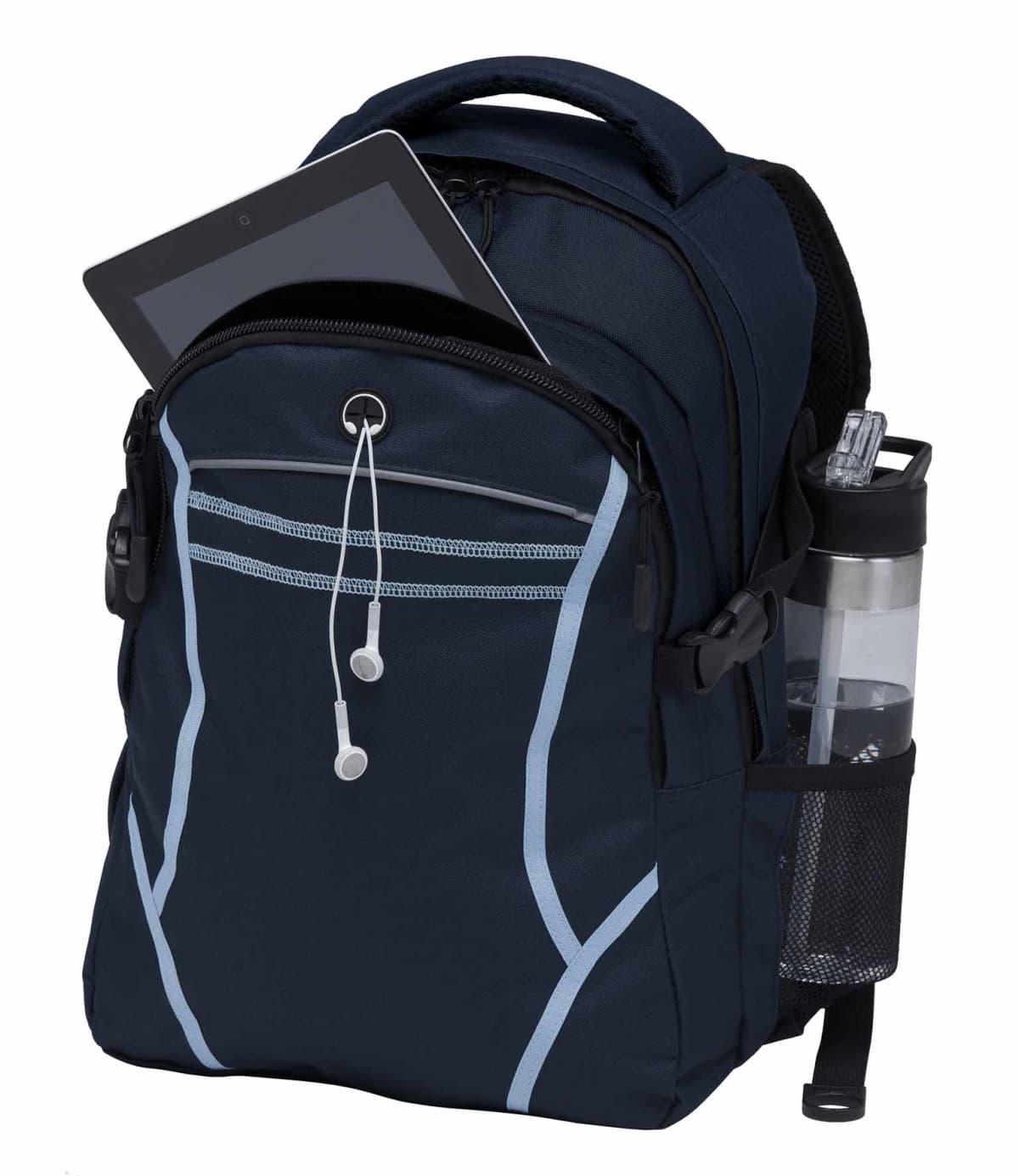 A black and blue backpack with light blue accents, featuring multiple compartments. An electronic tablet is partially visible in the front pocket, and a water bottle is in the side mesh holder. White earphones hang from one of the zippers.