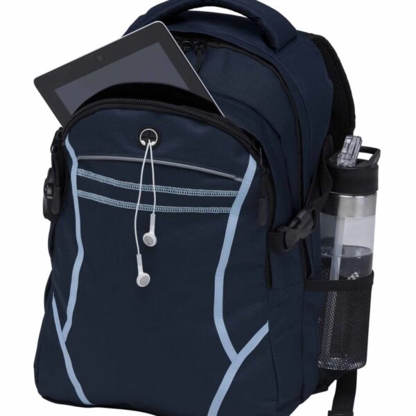 A black backpack with light blue accents, containing a tablet in the front pocket. Earbuds hang from a zipper. A mesh side pocket holds a clear water bottle with a gray lid.