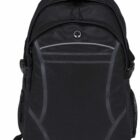 A black backpack with a front zipper pocket and two side mesh pockets. It has a handle on top and padded shoulder straps. The design includes subtle grey accents and a small circular logo. The backpack is displayed against a plain white background.