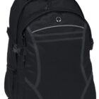 A black backpack with a sleek design, featuring multiple compartments, a top handle, and adjustable shoulder straps. Theres a small logo on the front pocket.