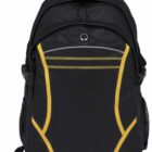 A black backpack with yellow accents and multiple zippered compartments. The bag has a handle on top and adjustable shoulder straps. A small circular logo is visible near the top of the bag.