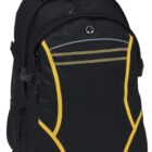 A black backpack with yellow accents and multiple zippered compartments. The front features a circular logo near the top.
