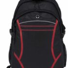 A black backpack with red accents and multiple compartments, including a front zippered pocket, side mesh pouch, and top handle for carrying. The design is simple and functional, suitable for everyday use or travel.