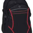 A black backpack with red accents on the front and a small logo near the top. It features multiple zippered compartments and a sturdy handle.