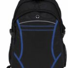 A black backpack with blue accents, a front pocket with a zipper, and a top handle. The backpack has adjustable shoulder straps and a side mesh pocket.
