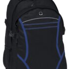 A black backpack with blue accents and multiple zippered compartments. It has a top handle and adjustable shoulder straps, with a front-facing pocket for easy access.