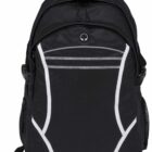 A black backpack with white accents and multiple zippered compartments is shown. It has a top handle and adjustable shoulder straps, with a mesh pocket on the side.