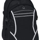 A black backpack with gray accents, featuring multiple compartments, a top handle, and adjustable shoulder straps.