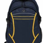 A dark blue backpack with yellow accents, featuring multiple zippers and a top handle. It has side mesh pockets and adjustable shoulder straps, designed for casual or school use. The bag is set against a plain white background.