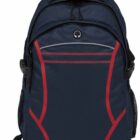 A dark blue backpack with red accents and black straps, featuring multiple compartments and a top handle.