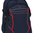 A dark blue backpack with red accents, featuring multiple compartments and a small circular logo on the front. It has sturdy shoulder straps and side pockets.