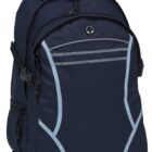 A navy blue backpack with light blue accents and multiple compartments. It features a top handle and adjustable shoulder straps, with a zipper on the front pocket and side buckles.