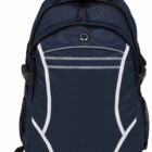 A navy blue backpack with white accents and a zippered front pocket. It features a top handle, side mesh pocket, and adjustable shoulder straps.
